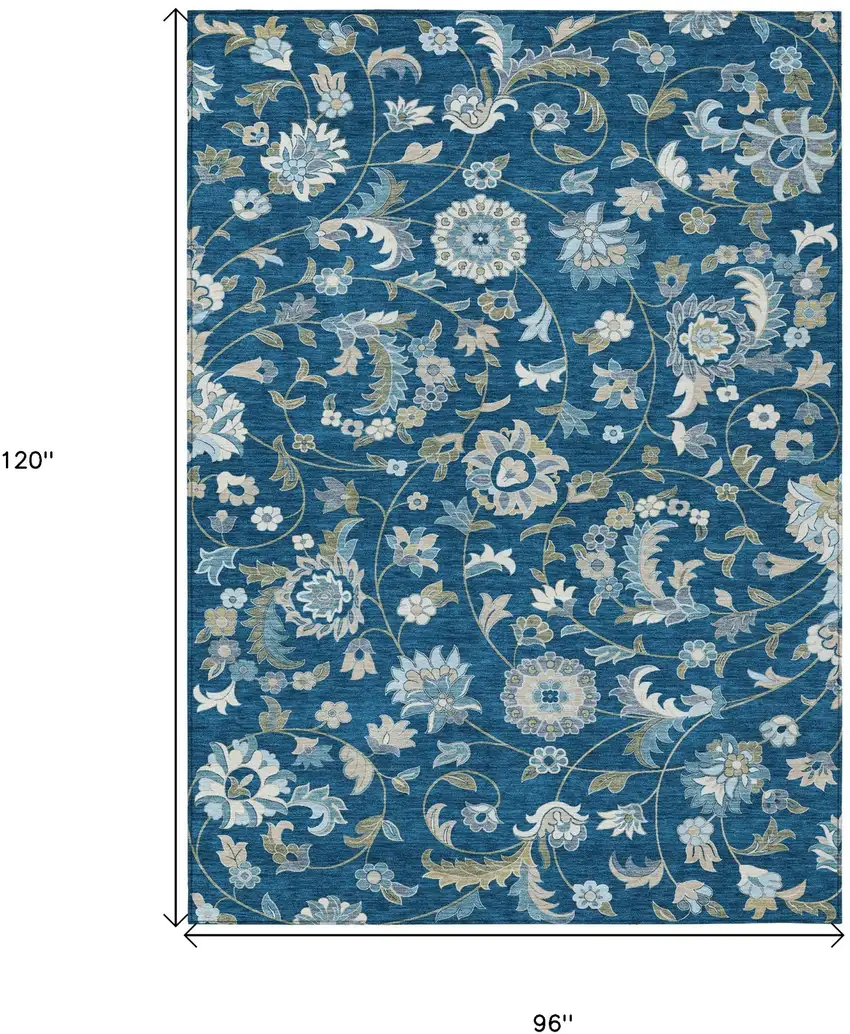 Navy Blue Ivory And Gray Floral Washable Indoor Outdoor Area Rug Photo 3