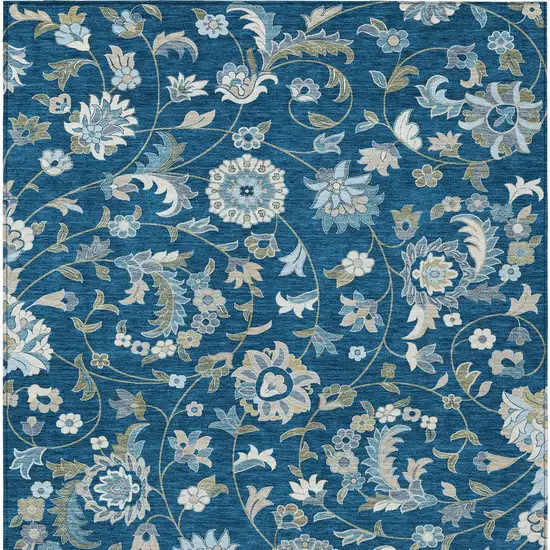 Navy Blue Ivory And Gray Floral Washable Indoor Outdoor Area Rug Photo 5