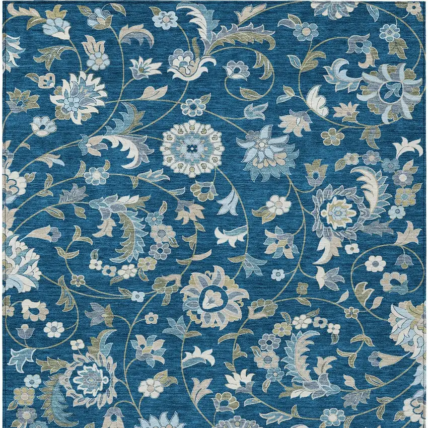 Navy Blue Ivory And Gray Floral Washable Indoor Outdoor Area Rug Photo 5