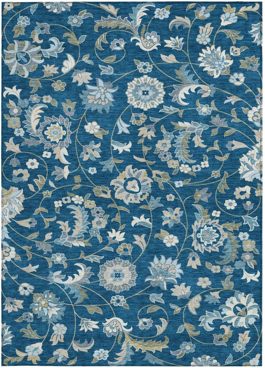 Navy Blue Ivory And Gray Floral Washable Indoor Outdoor Area Rug Photo 6