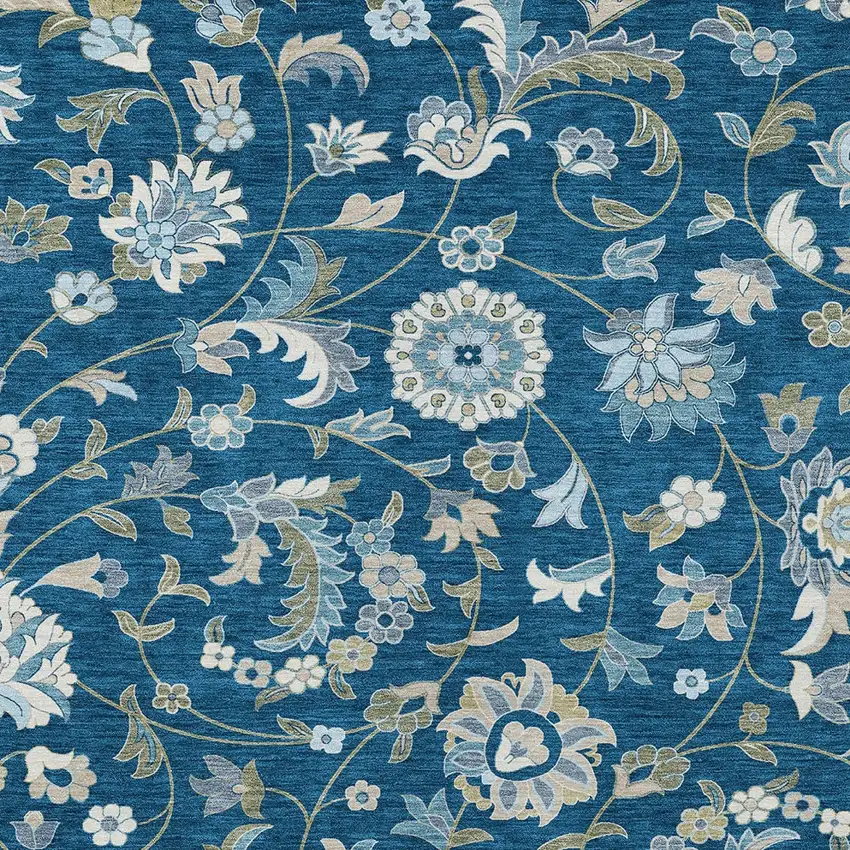 Navy Blue Ivory And Gray Floral Washable Indoor Outdoor Area Rug Photo 5