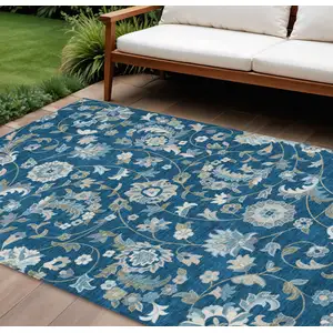Photo of Navy Blue Ivory And Gray Floral Washable Indoor Outdoor Area Rug
