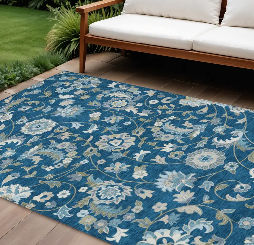 Navy Blue Ivory And Gray Floral Washable Indoor Outdoor Area Rug Photo 1