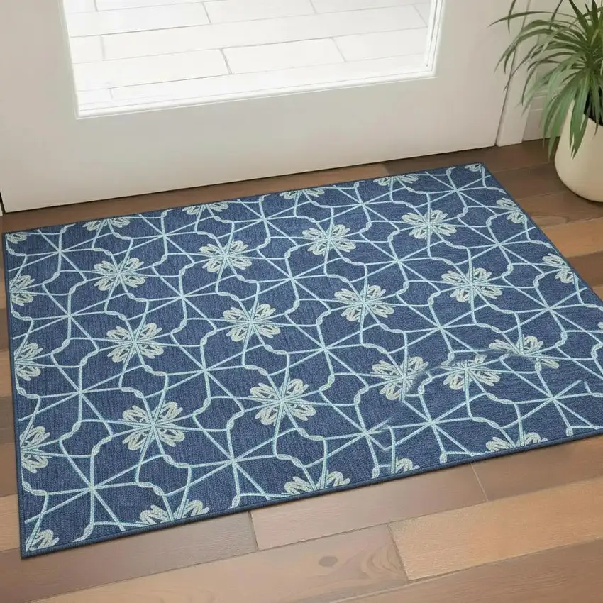 Navy Blue Ivory And Gray Geometric Washable Area Rug With UV Protection Photo 2