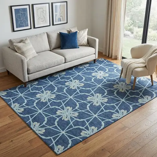 Navy Blue Ivory And Gray Geometric Washable Area Rug With UV Protection Photo 1