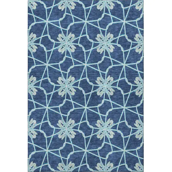 Navy Blue Ivory And Gray Geometric Washable Area Rug With UV Protection Photo 3