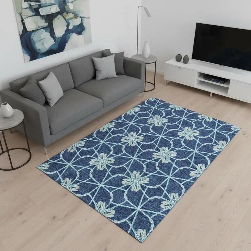 Navy Blue Ivory And Gray Geometric Washable Area Rug With UV Protection Photo 2