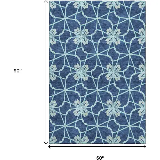 Navy Blue Ivory And Gray Geometric Washable Area Rug With UV Protection Photo 8