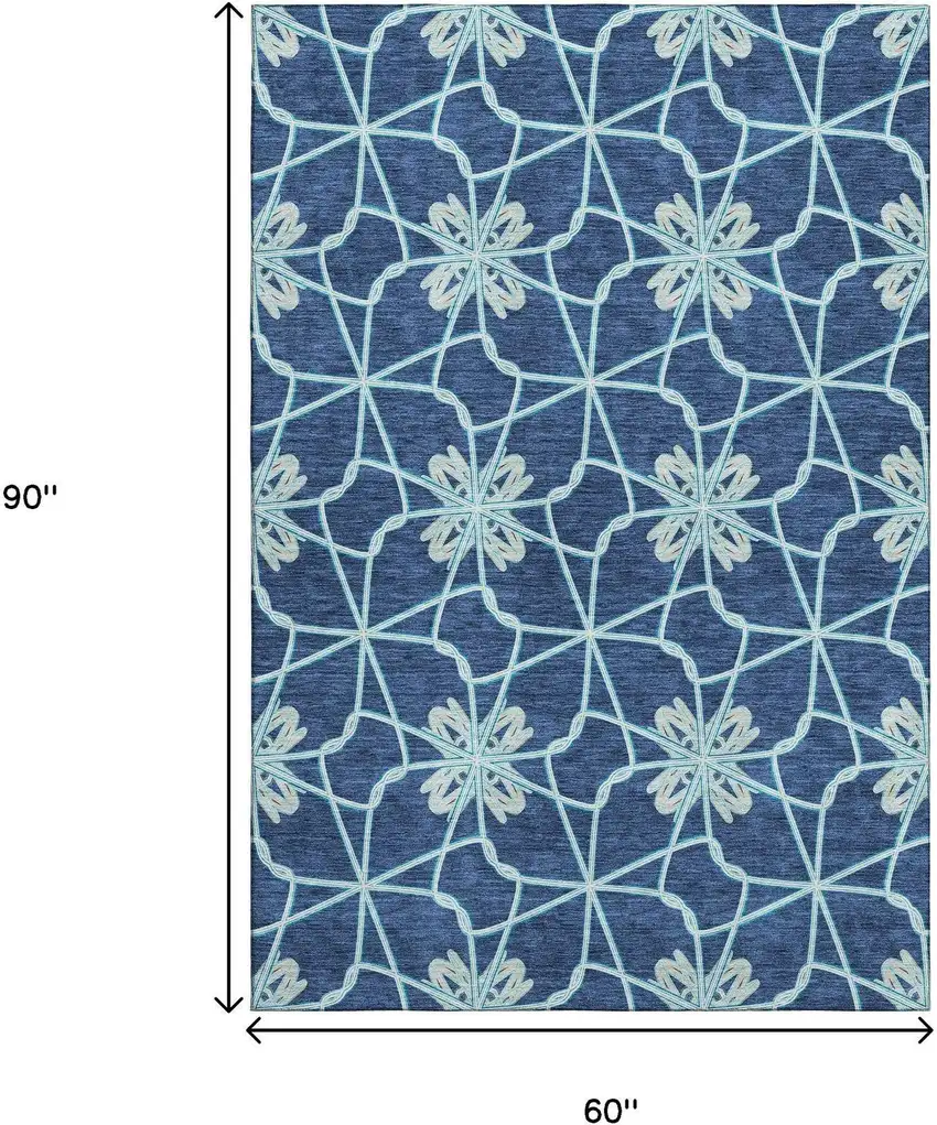 Navy Blue Ivory And Gray Geometric Washable Area Rug With UV Protection Photo 8