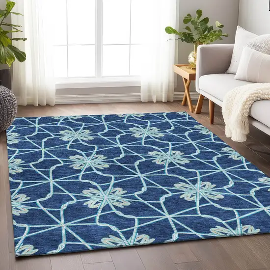 Navy Blue Ivory And Gray Geometric Washable Area Rug With UV Protection Photo 4