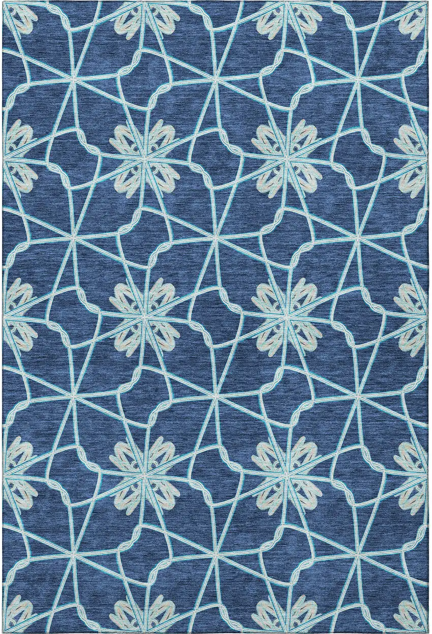 Navy Blue Ivory And Gray Geometric Washable Area Rug With UV Protection Photo 3
