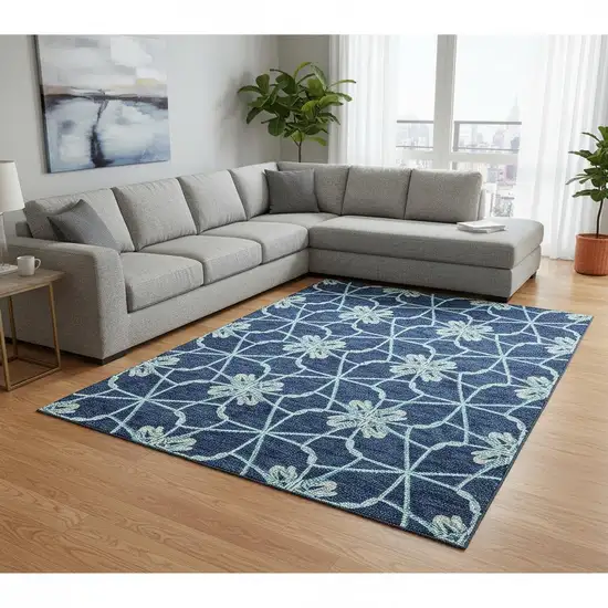 Navy Blue Ivory And Gray Geometric Washable Area Rug With UV Protection Photo 2