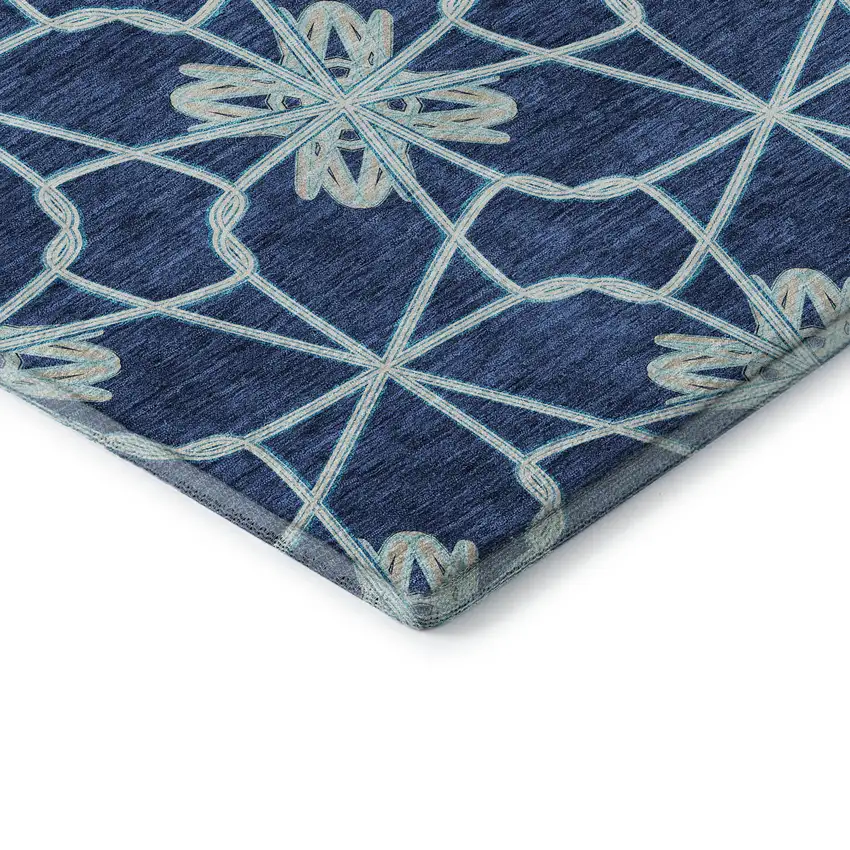 Navy Blue Ivory And Gray Geometric Washable Area Rug With UV Protection Photo 7