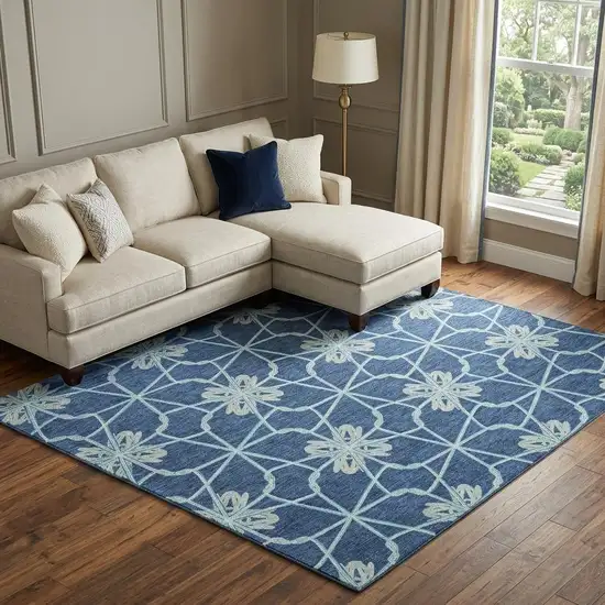 Navy Blue Ivory And Gray Geometric Washable Area Rug With UV Protection Photo 1