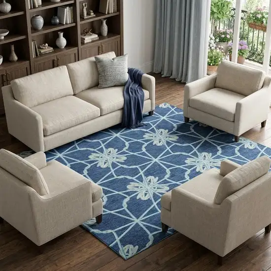 Navy Blue Ivory And Gray Geometric Washable Area Rug With UV Protection Photo 1