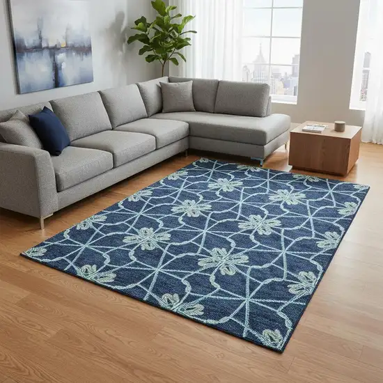 Navy Blue Ivory And Gray Geometric Washable Area Rug With UV Protection Photo 2