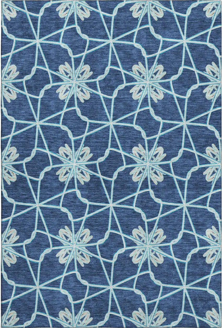 Navy Blue Ivory And Gray Geometric Washable Area Rug With UV Protection Photo 1