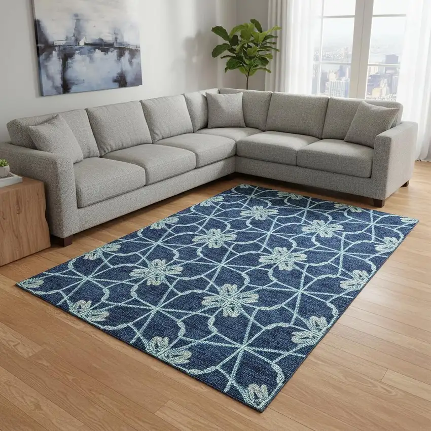 Navy Blue Ivory And Gray Geometric Washable Area Rug With UV Protection Photo 2