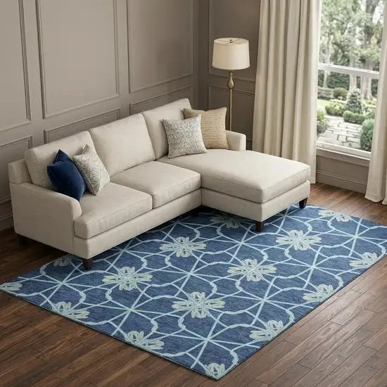 Navy Blue Ivory And Gray Geometric Washable Area Rug With UV Protection Photo 1