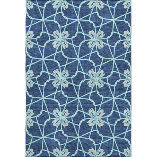 Navy Blue Ivory And Gray Geometric Washable Area Rug With UV Protection Photo 1