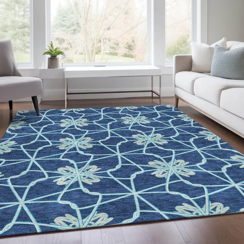 Navy Blue Ivory And Gray Geometric Washable Area Rug With UV Protection Photo 5
