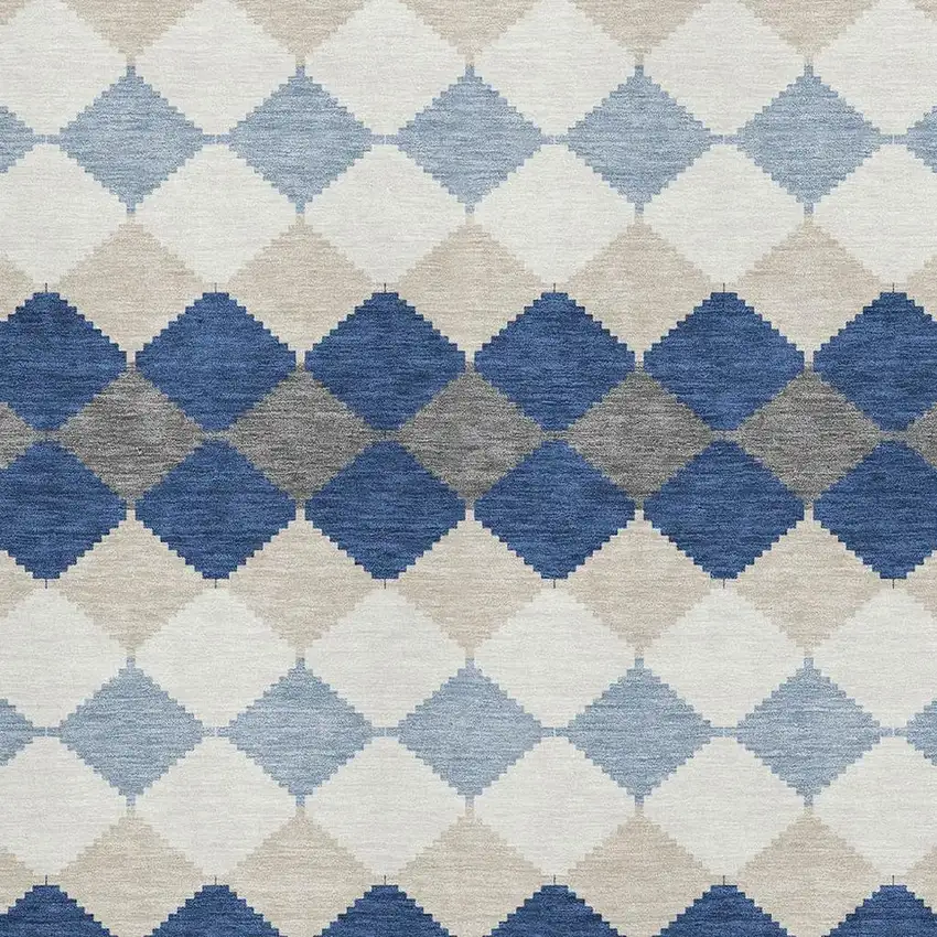 Navy Blue Ivory And Gray Geometric Washable Area Rug With UV Protection Photo 2