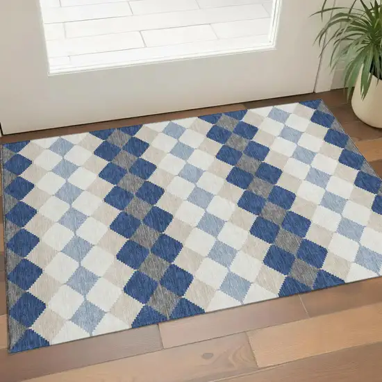 Navy Blue Ivory And Gray Geometric Washable Area Rug With UV Protection Photo 1