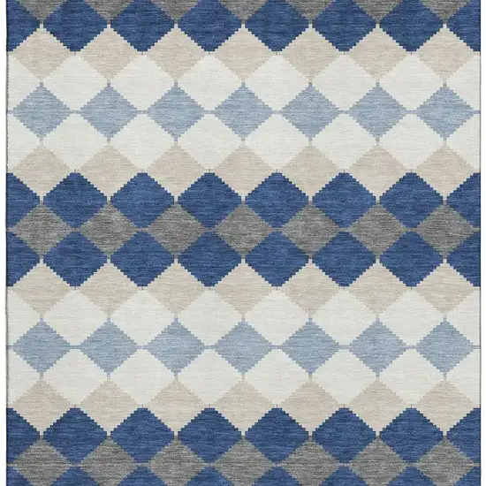 Navy Blue Ivory And Gray Geometric Washable Area Rug With UV Protection Photo 3