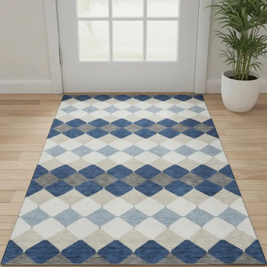 Navy Blue Ivory And Gray Geometric Washable Area Rug With UV Protection Photo 2