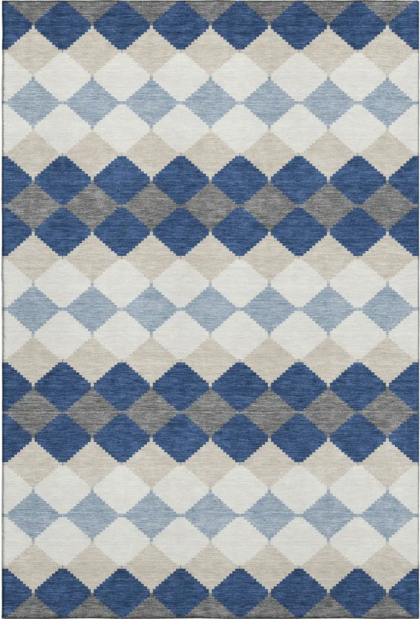 Navy Blue Ivory And Gray Geometric Washable Area Rug With UV Protection Photo 1