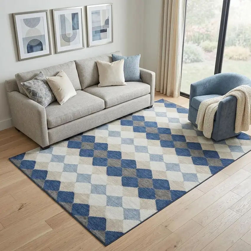 Navy Blue Ivory And Gray Geometric Washable Area Rug With UV Protection Photo 1