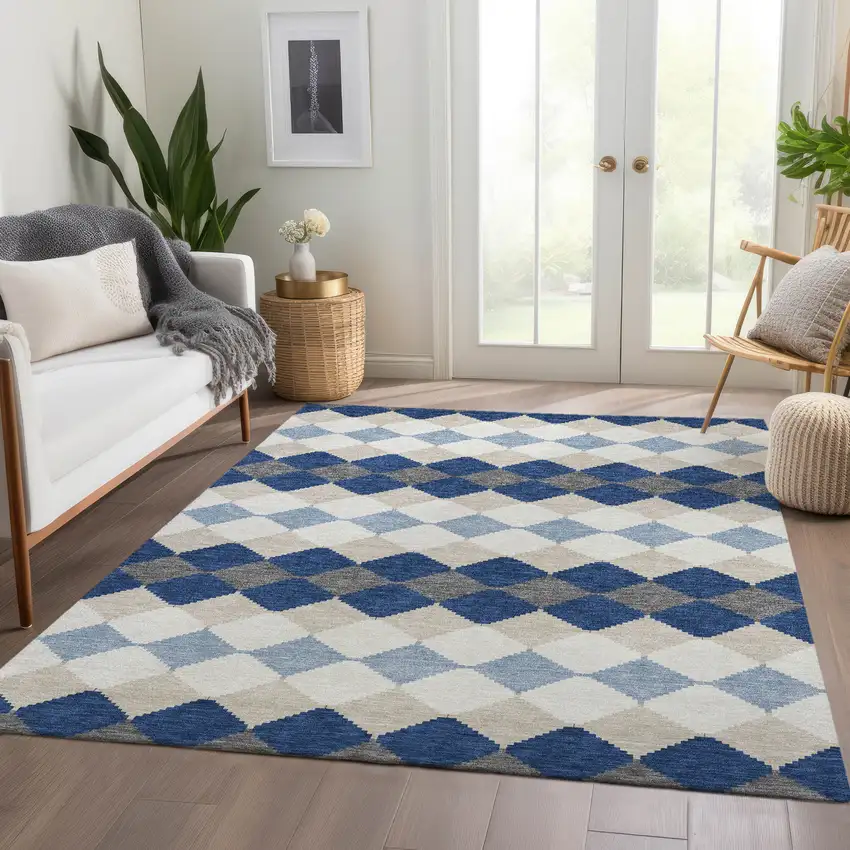 Navy Blue Ivory And Gray Geometric Washable Area Rug With UV Protection Photo 5