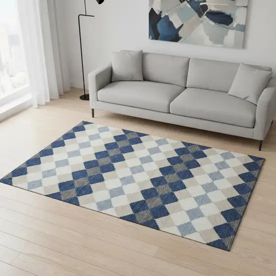 Navy Blue Ivory And Gray Geometric Washable Area Rug With UV Protection Photo 2