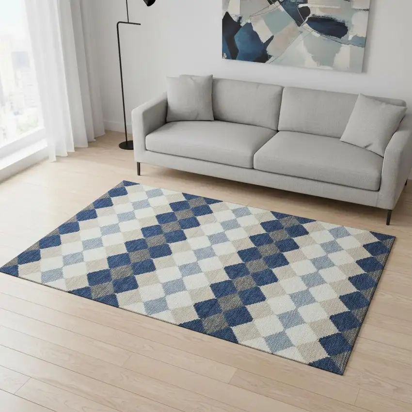 Navy Blue Ivory And Gray Geometric Washable Area Rug With UV Protection Photo 2