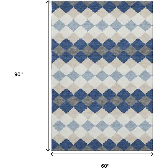 Navy Blue Ivory And Gray Geometric Washable Area Rug With UV Protection Photo 7