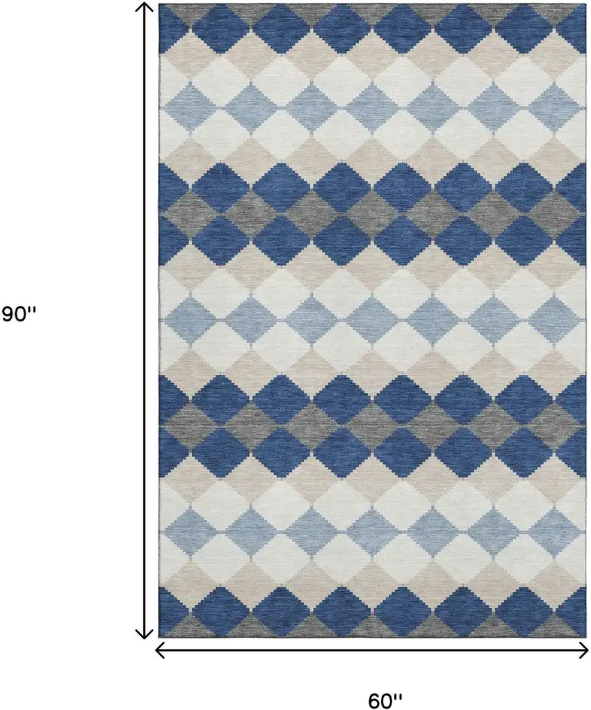 Navy Blue Ivory And Gray Geometric Washable Area Rug With UV Protection Photo 7