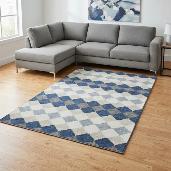 Navy Blue Ivory And Gray Geometric Washable Area Rug With UV Protection Photo 2