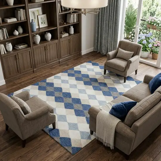 Navy Blue Ivory And Gray Geometric Washable Area Rug With UV Protection Photo 1
