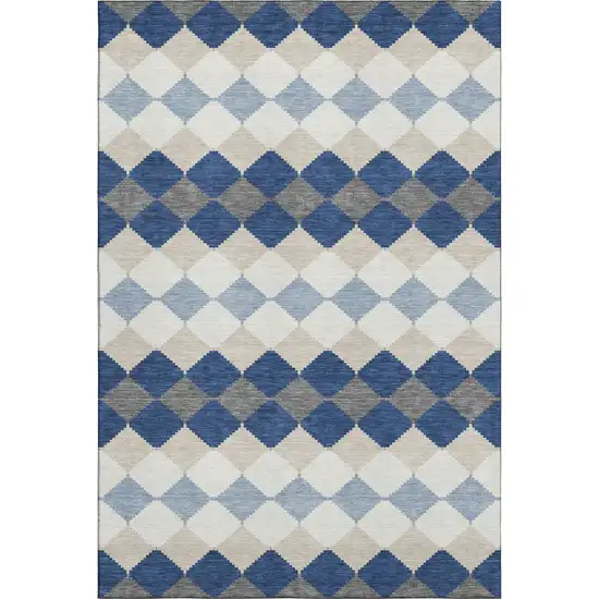 Navy Blue Ivory And Gray Geometric Washable Area Rug With UV Protection Photo 1