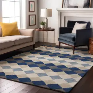 Photo of Navy Blue Ivory And Gray Geometric Washable Area Rug With UV Protection