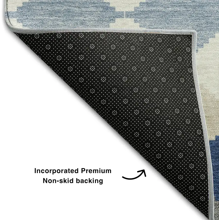 Navy Blue Ivory And Gray Geometric Washable Area Rug With UV Protection Photo 6