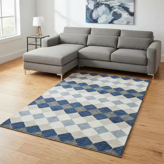 Navy Blue Ivory And Gray Geometric Washable Area Rug With UV Protection Photo 2