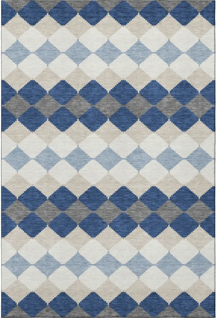 Navy Blue Ivory And Gray Geometric Washable Area Rug With UV Protection Photo 3