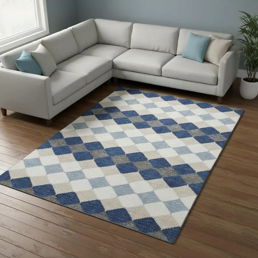 Navy Blue Ivory And Gray Geometric Washable Area Rug With UV Protection Photo 2