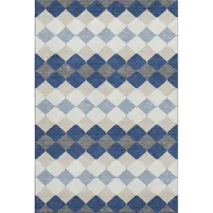 Photo of Navy Blue Ivory And Gray Geometric Washable Area Rug With UV Protection