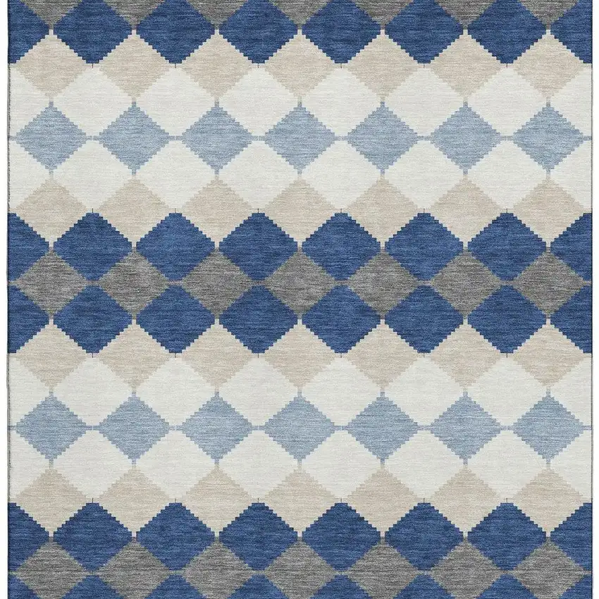 Navy Blue Ivory And Gray Geometric Washable Area Rug With UV Protection Photo 2