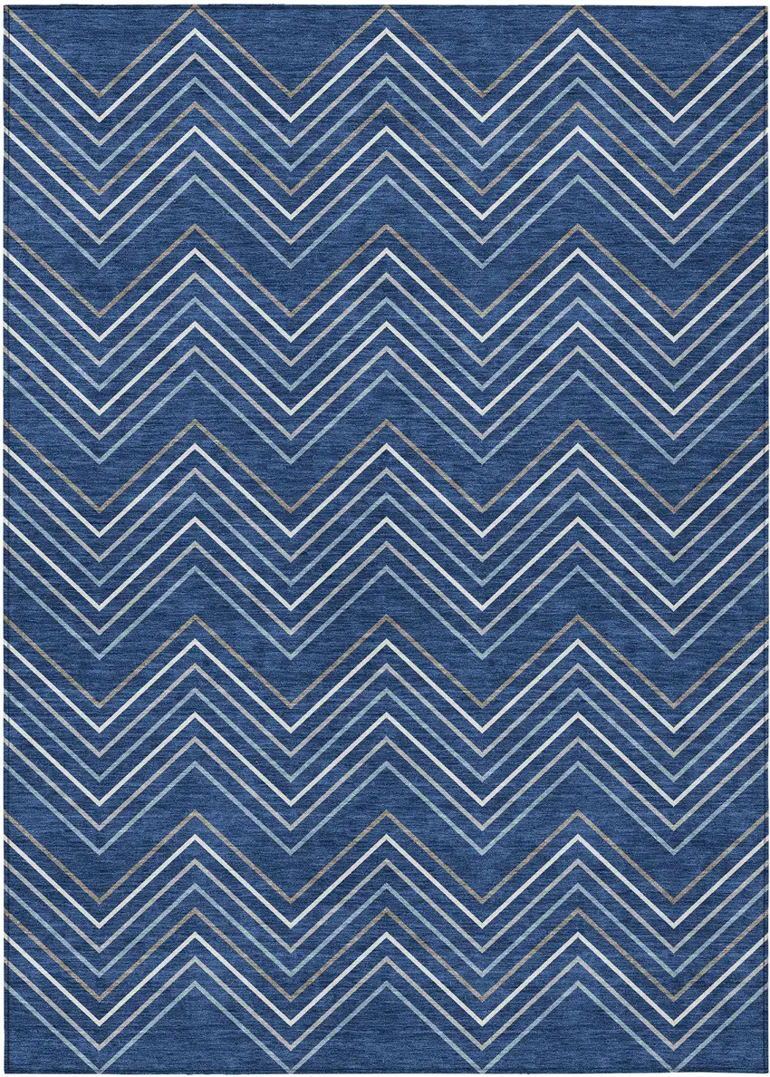 Navy Blue Ivory And Gray Geometric Washable Indoor Outdoor Area Rug Photo 9