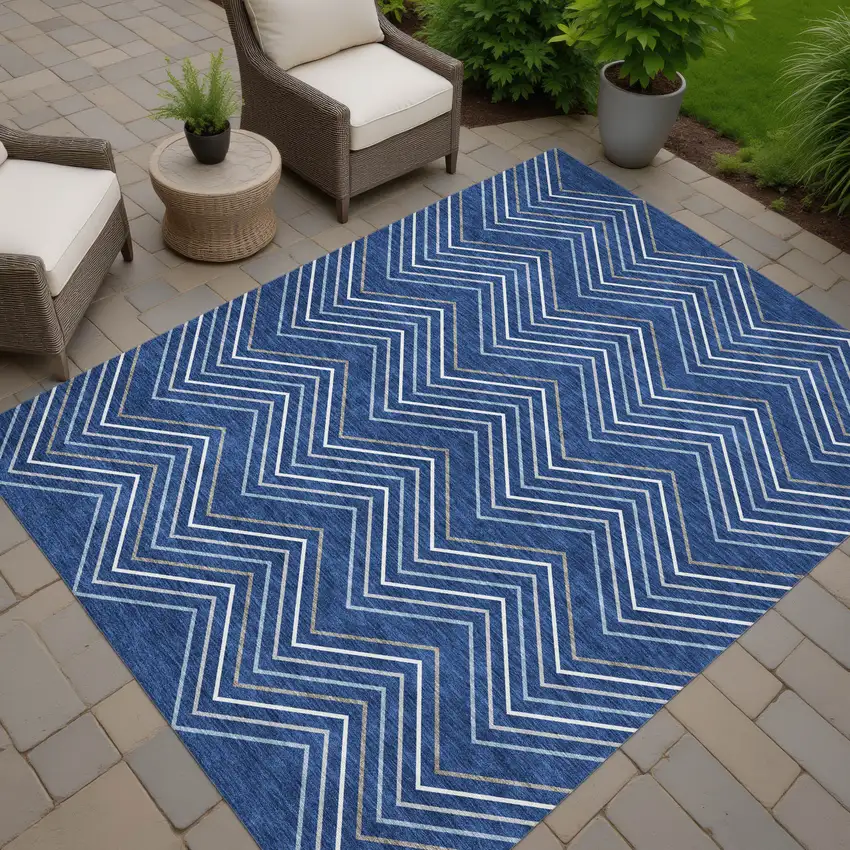 Navy Blue Ivory And Gray Geometric Washable Indoor Outdoor Area Rug Photo 7