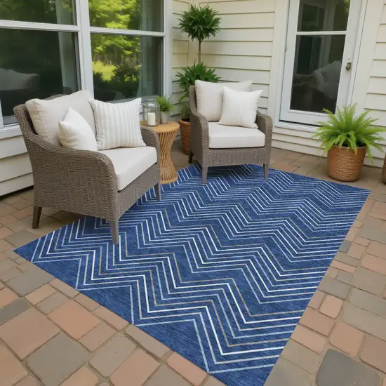 Navy Blue Ivory And Gray Geometric Washable Indoor Outdoor Area Rug Photo 4