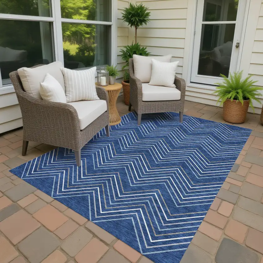 Navy Blue Ivory And Gray Geometric Washable Indoor Outdoor Area Rug Photo 4